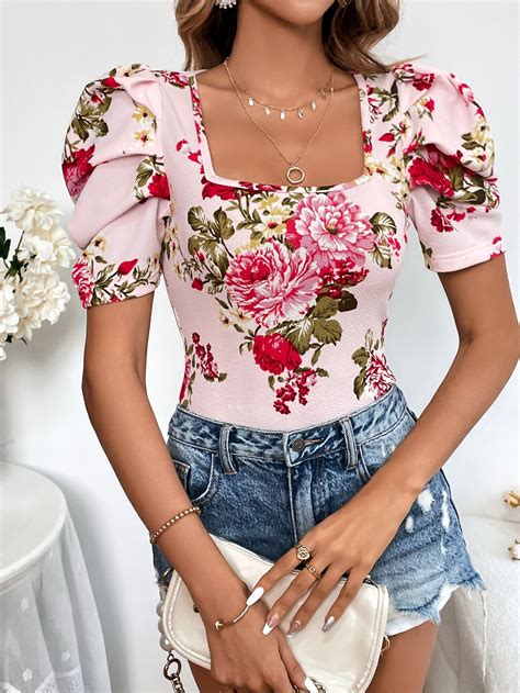 Shein Privé Blusa Con Estampado Floral De Manga Farol Moda De Mujer