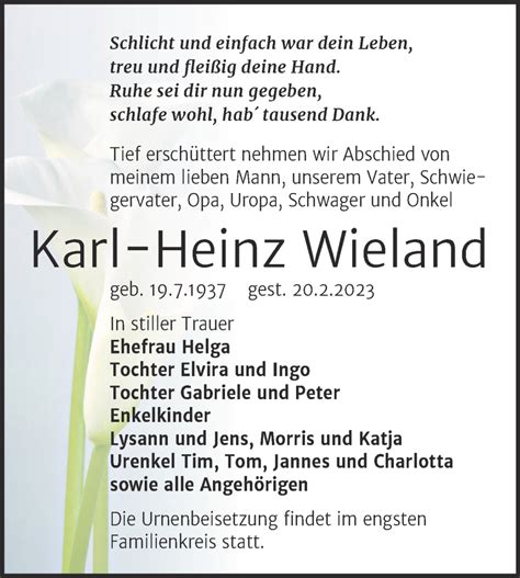 Traueranzeigen Von Karl Heinz Wieland Abschied Nehmen De