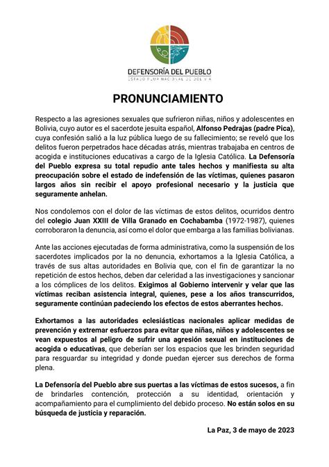 Pronunciamiento De La Defensoría Del Pueblo Ante Las Agresiones Sexuales Que Sufrieron Niñas