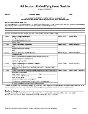 Fillable Online Hr Okstate IRS Section 125 Qualifying Event Checklist