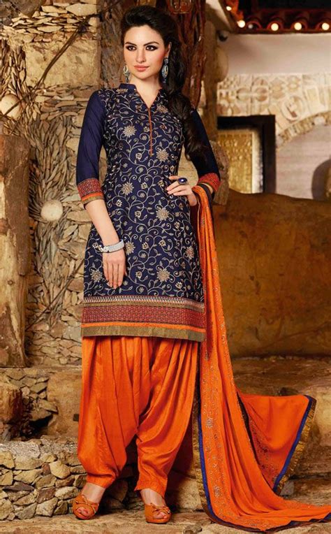 Navy Blue Cotton Embroidery Punjabi Suit Salwar Dress Patiala