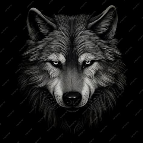 Premium Photo Black White Wolf Face Calm Face Isolated On A Black