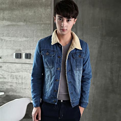 New Winter Thick Denim Jacket Vintage Men Korean Slim Fur Collar Jeans