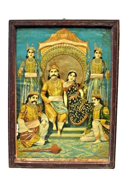 Vintage Raja Ravi Varma Oleograph Print Press Mahabharat Pandav Sabha