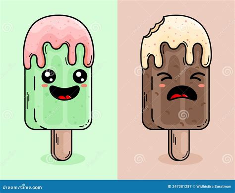 Cute Cartoon Vector Mascot Ice Cream Sticks With Different Flavors And