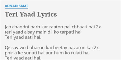 Teri Yaad Lyrics By Adnan Sami Jab Chandni Barh Kar