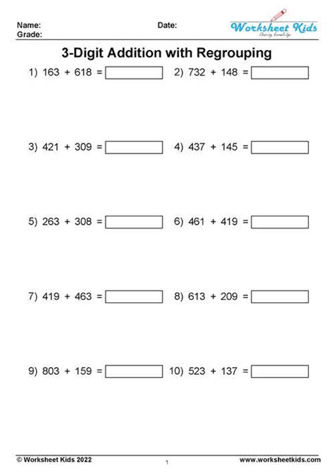 3 Digit Addition With Regrouping Worksheet For 2nd And 3rd Grade