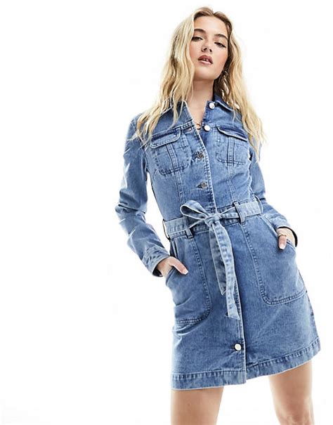 Miss Selfridge Blå Tvättad Jeansklänning I Minilängd Med Långa ärmar Och Krage Asos