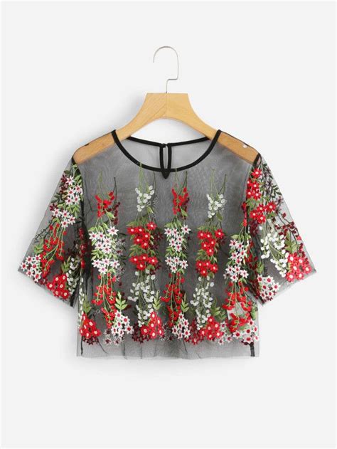 Shop Floral Embroidered Sheer Crop Mesh Top Online Shein Offers Floral