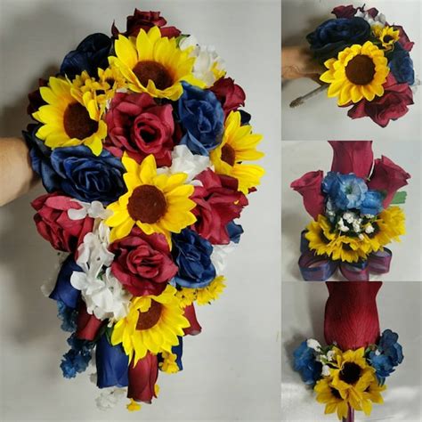 Burgundy Navy Blue White Rose Sunflower Bridal Wedding Bouquet Etsy