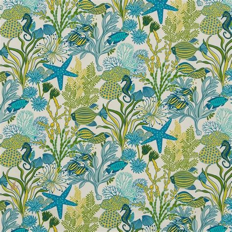 Atlantis Aqua And Green Tropical Prints Upholstery Fabric By The Yard