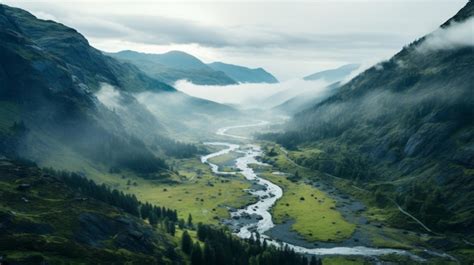 Premium Photo Foggy Mountain Valley In Wide Angle View