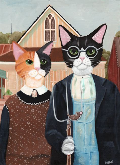 Ameowican Gothic Cats Original Cat Folk Art Painting Cat Art