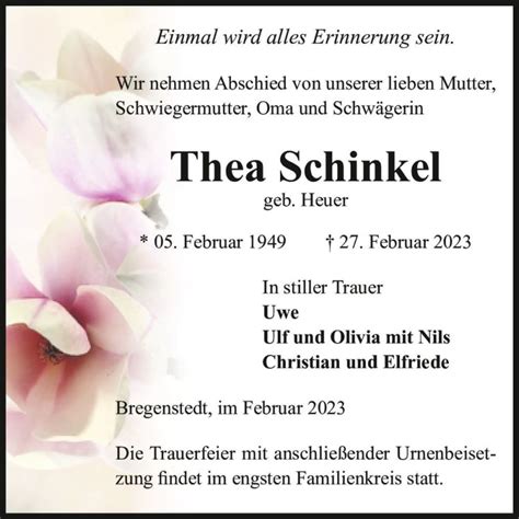 Traueranzeigen Von Thea Schinkel Geb Heuer Abschied Nehmen De