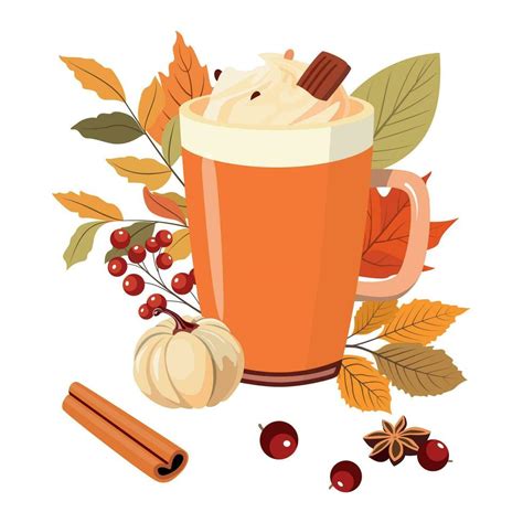 Autumn Hot Drink In A Colorful Mug With Cream Chocolate Scpices And