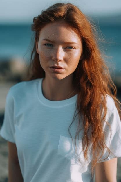 Premium Ai Image A Woman With Red Hair Wearing A White T Shirt