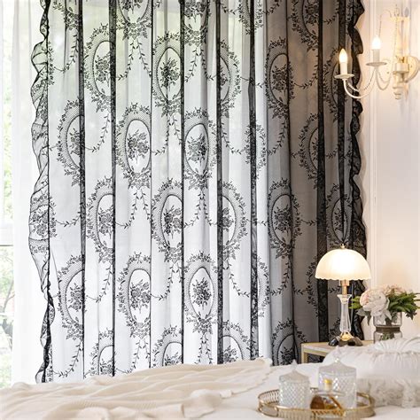 Deeprove Black Lace Curtains 96 Inches Long 2 Panels Set Sheer Florals Scallop