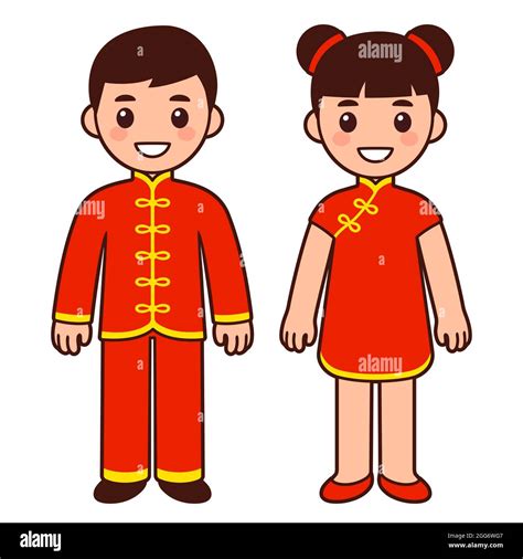 Lindo niño y niña con traje nacional de China Niños de dibujos