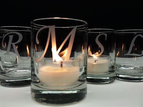 24 Monogram Candle Holders Engraved Glass Votive Holders Wedding Decor Custom Personalized