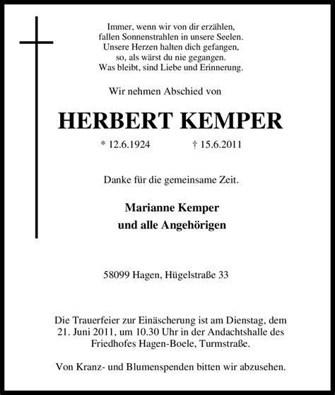 Traueranzeigen Von Herbert Kemper Trauer In Nrw De