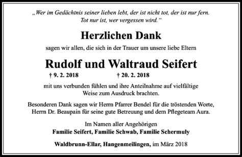 Traueranzeigen Von Rudolf Und Waltraud Seifert Trauer Rheinmain De