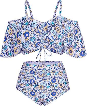 Amazon Hanna Nikole Plus Size Bikini Curvy Women Ruffle Drawstring Swimsuit Piece Bathing