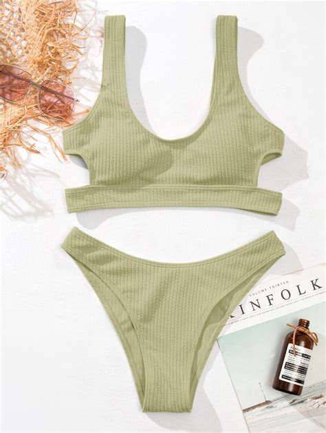 Shein Swim Vcay Mono Ribbed Bikini Set Cut Out Tank Wireless Bra Top