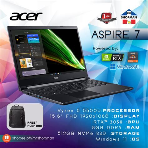 Acer Aspire 7 A715 42g R5c5 Ryzen 5 5500u Rtx 3050 15 6 Fhd 512gb Nvme 8gb Ram Gaming