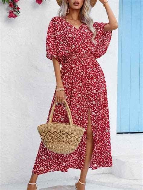 Shein Vcay Ditsy Floral Print Batwing Sleeve Split Thigh Dress Shein Usa