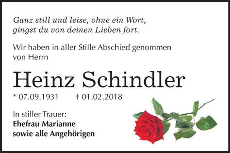 Traueranzeigen Von Heinz Schindler Abschied Nehmen De