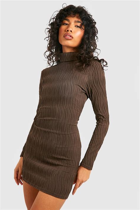 Textured Wave High Neck Bodycon Dress Boohoo Uk