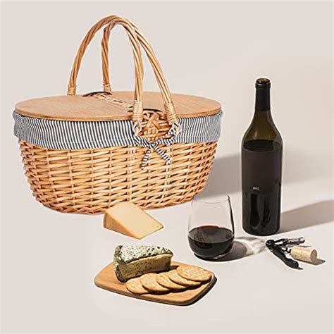 Wicker Picnic Basket With Liner Wooden Split Lid Picnic Basket