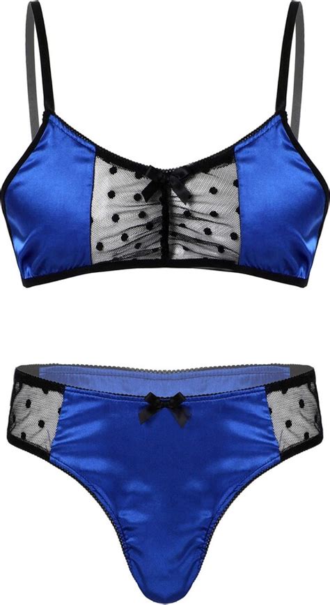 Mufeng Men S Shiny Satin Lingerie Sets Sissy Mesh Patchwork Bra Tops