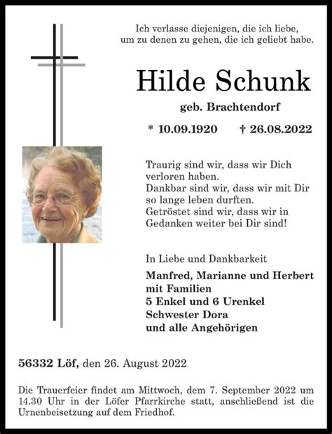 Traueranzeigen Von Hilde Schunk Rz Trauer De