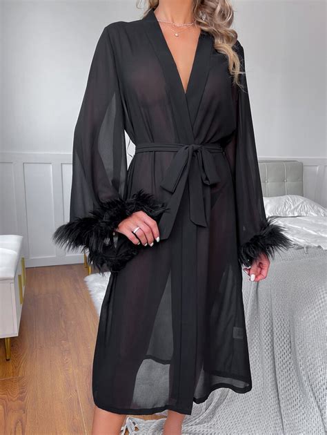 Fuzzy Cuff Belted Mesh Sleep Robe Without Lingerie Shein Uk