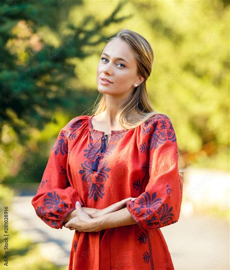 Beautiful Blonde Ukrainian Girl With Blue Eyes In Folk Clothing Boho