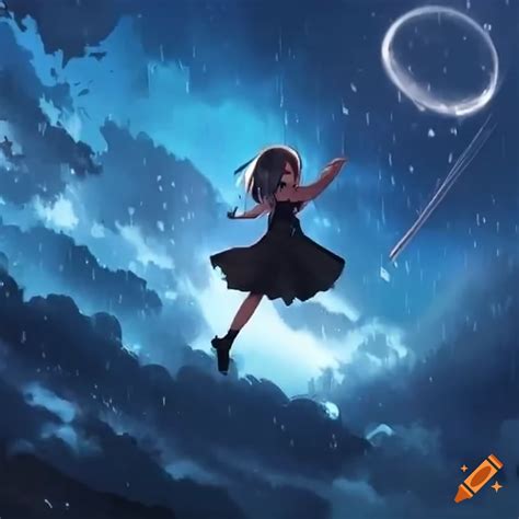 A girl flying on a broomstick through a rainy sky, anime graphic novel ...