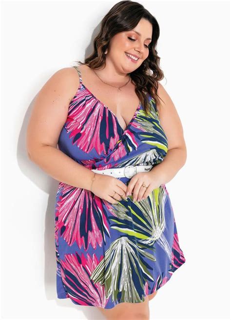 Vestido Folhagem Azul Transpassado Plus Size Queima De Estoque