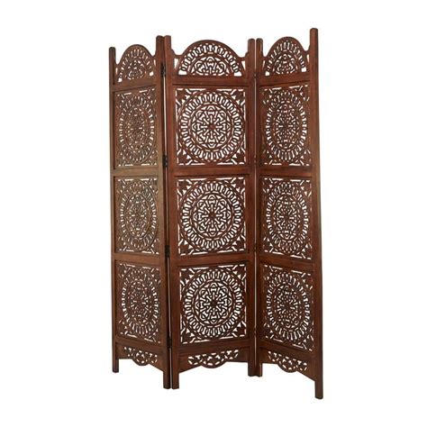 Litton Lane 6 Ft Brown 3 Panel Floral Hinged Foldable Partition Room