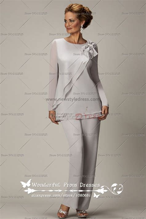 Long Sleeves Light Gray Two Piece Chiffon Mother Of The Bride Pants