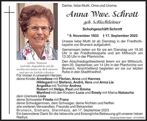 Traueranzeigen Von Anna Schrott Trauer Bz