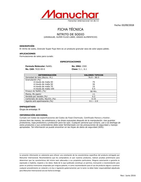 Ficha Tecnica Nitrito De Sodio Chemtrade