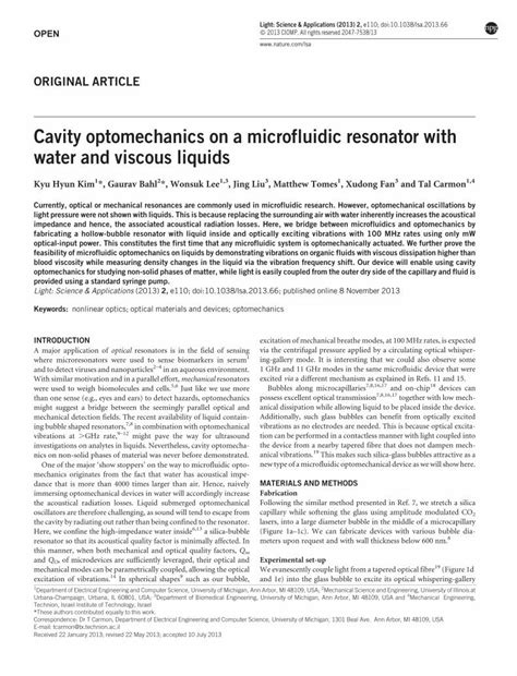 Pdf Cavity Optomechanics On A Microfluidic Resonator With Water And