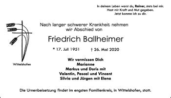 Traueranzeigen Von Friedrich Ballheimer Trauer Flz De