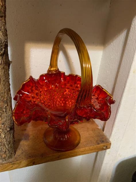 Fenton Hobnail Amberina Glass Basket