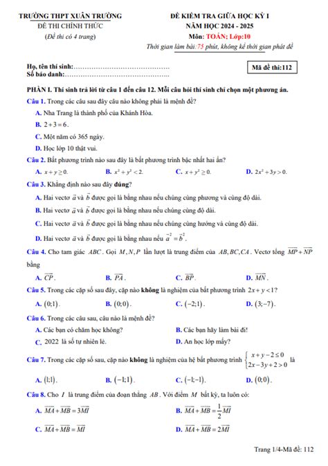 Đề giữa học kỳ 1 Toán 10 năm 2024 2025 trường THPT Xuân Trường Nam