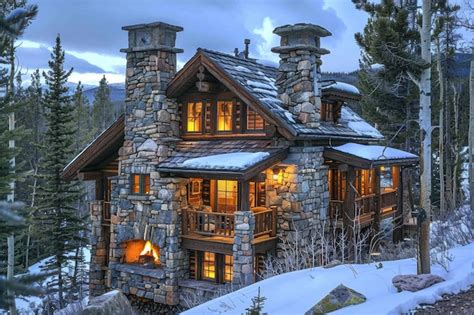 A Cozy Mountain Cabin With Stone Chimney And Yellow Warm Lights