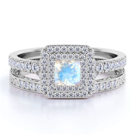 Jeenmata Carat Princess Cut Blue Moonstone And Moissanite Halo