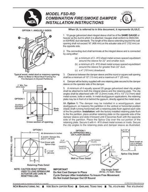 Model Fsd Rd Combination Fire Smoke Damper Installation Instructions