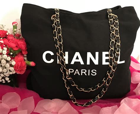 Brand New Chanel Vip T Tote Canvas Bag Black Gold Chain